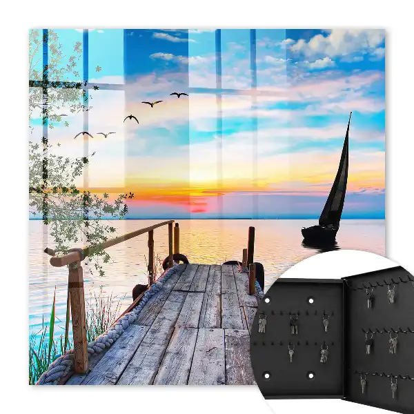 Wall mounted key box Peaceful lake landscape with a sailboat