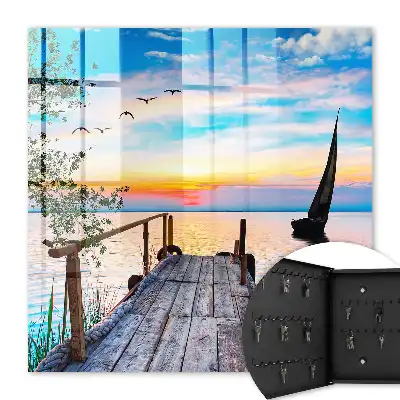 Wall mounted key box Peaceful lake landscape with a sailboat