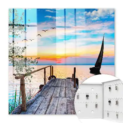 Wall mounted key box Peaceful lake landscape with a sailboat