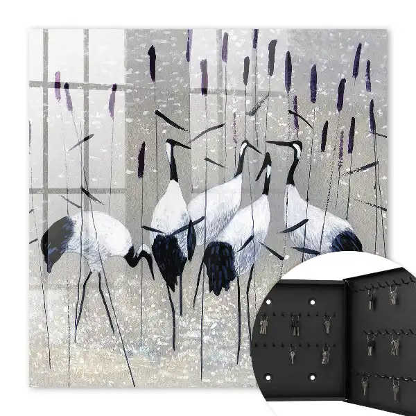 Wall mounted key cabinet Cranes and reeds in a pastel landscape