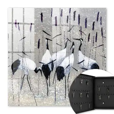 Wall mounted key cabinet Cranes and reeds in a pastel landscape