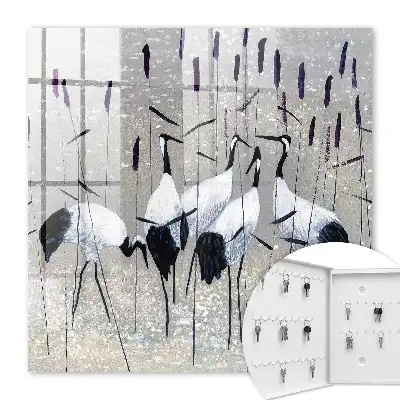 Wall mounted key cabinet Cranes and reeds in a pastel landscape
