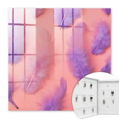 Wall mounted key box Purple feathers with pink background