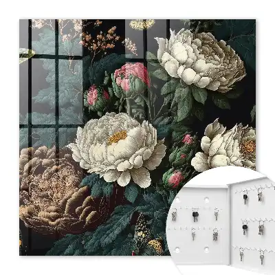 Decorative Peony Flower Key Box with Black Background