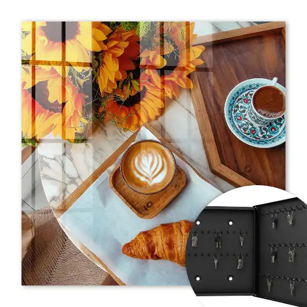 Wall mounted key cabinet Morning moments coffee croissant