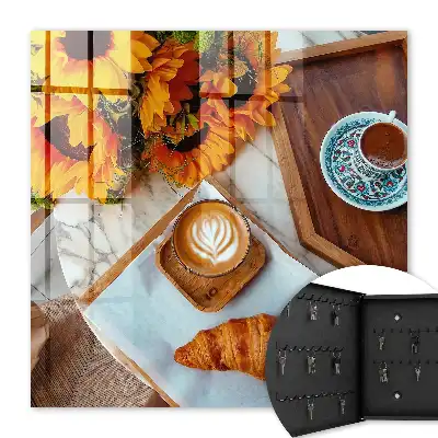 Wall mounted key cabinet Morning moments coffee croissant