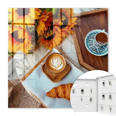 Wall mounted key cabinet Morning moments coffee croissant