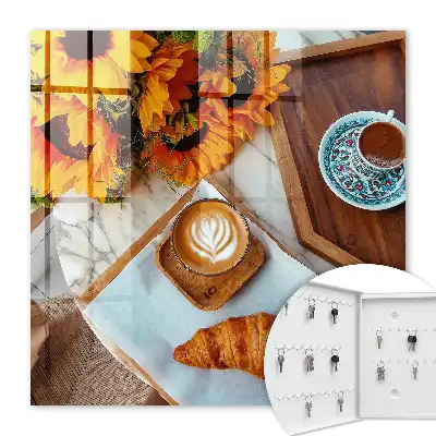 Wall mounted key cabinet Morning moments coffee croissant