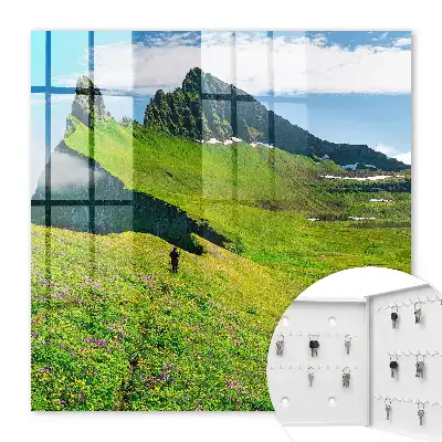 Wall mounted key box Green mountains blue sky