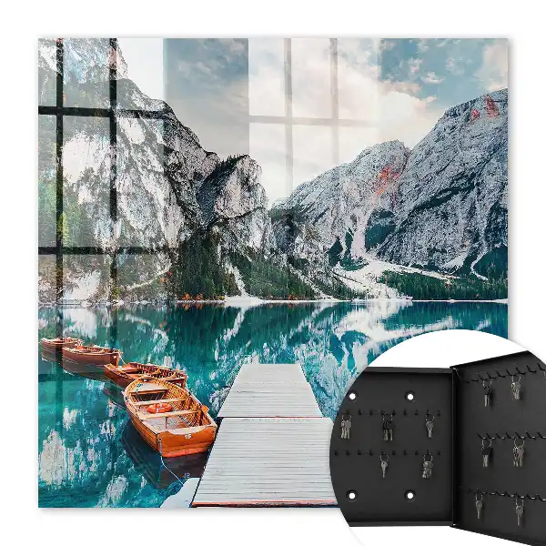 Wall mounted key box Mountain landscape with boats and a jetty