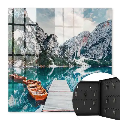 Wall mounted key box Mountain landscape with boats and a jetty