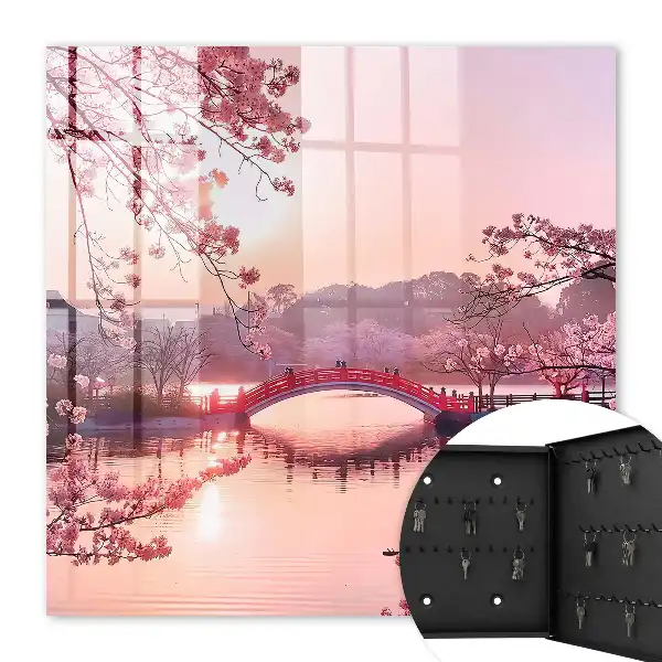 Decorative key box Spring bridge with cherry trees and sun