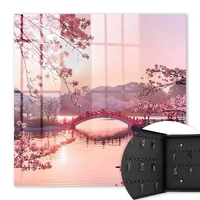 Decorative key box Spring bridge with cherry trees and sun