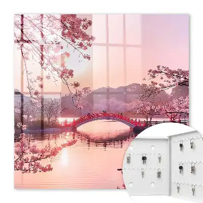 Decorative key box Spring bridge with cherry trees and sun