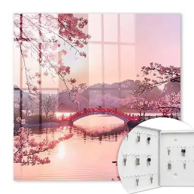 Decorative key box Spring bridge with cherry trees and sun