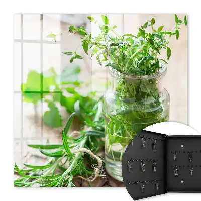 Wall mounted key box Green herbs in a wooden vessel