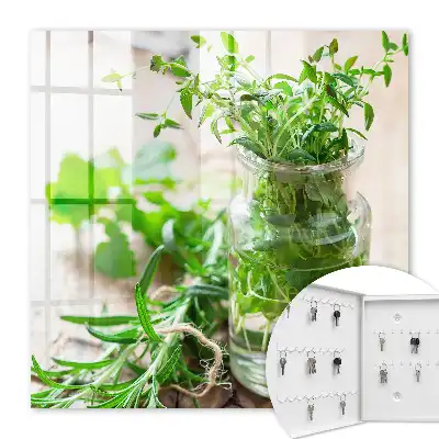 Wall mounted key box Green herbs in a wooden vessel