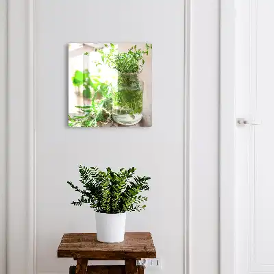 Wall mounted key box Green herbs in a wooden vessel