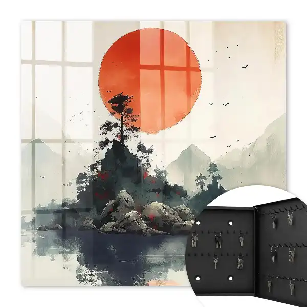 Decorative key box Mountain landscape with a red sun