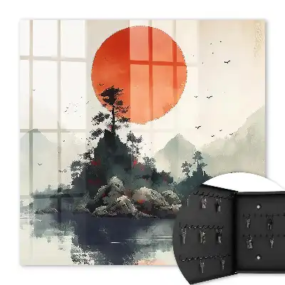 Decorative key box Mountain landscape with a red sun
