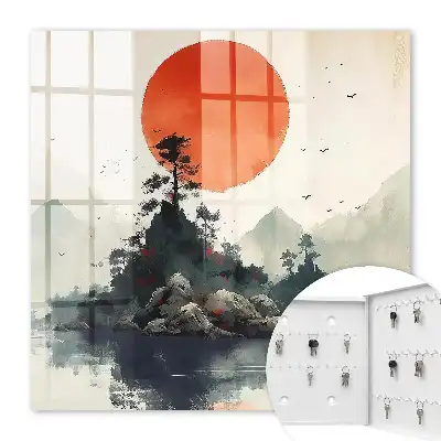 Decorative key box Mountain landscape with a red sun