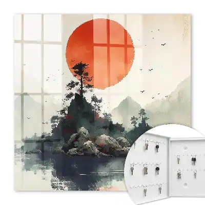 Decorative key box Mountain landscape with a red sun