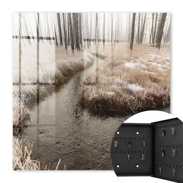 Decorative key box Winter river in the fog