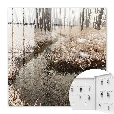 Decorative key box Winter river in the fog