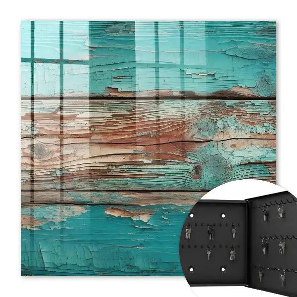 Wall mounted key cabinet Turquoise wood with chips