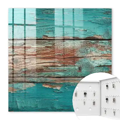 Wall mounted key cabinet Turquoise wood with chips