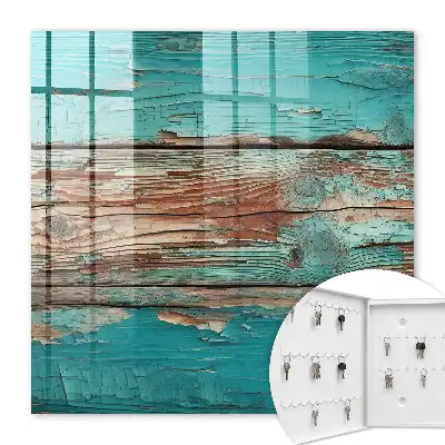 Wall mounted key cabinet Turquoise wood with chips