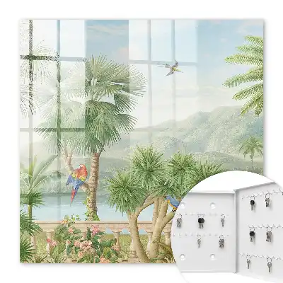 Key box for home A tropical paradise with palm trees and parrots