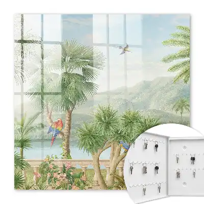 Key box for home A tropical paradise with palm trees and parrots