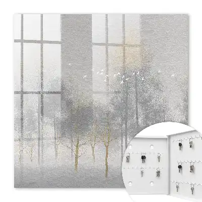 Wall mounted key box Misty forest of gray birds