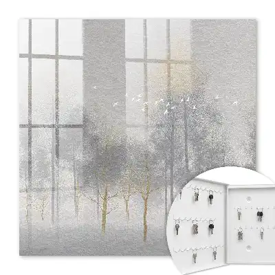 Wall mounted key box Misty forest of gray birds