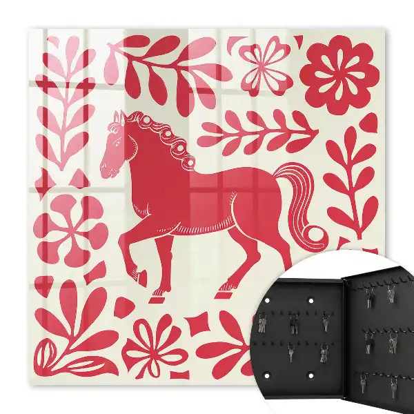 Wall mounted key box A folk illustration with a horse motif