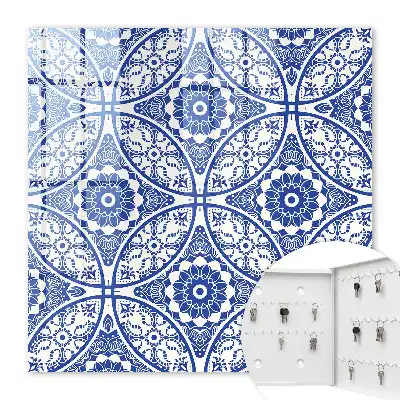 Wall mounted key cabinet Blue mosaic geometric motifs