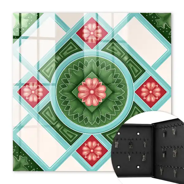 Wall mounted key cabinet Floral geometry red blue