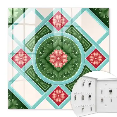 Wall mounted key cabinet Floral geometry red blue