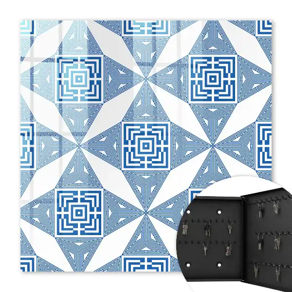 Geometric Pattern Wall Mounted Key Cabinet in Blue with Squares