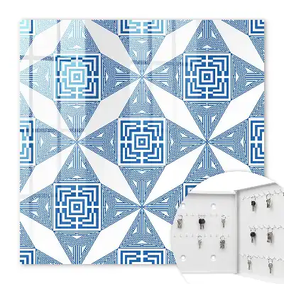 Geometric Pattern Wall Mounted Key Cabinet in Blue with Squares