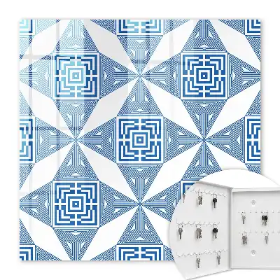 Geometric Pattern Wall Mounted Key Cabinet in Blue with Squares