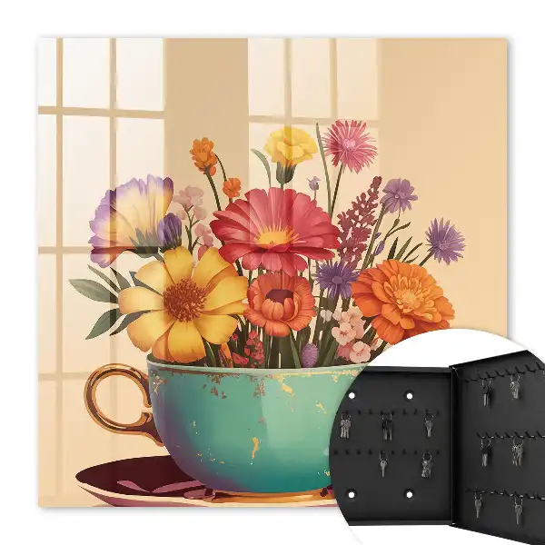 Key box for home Flowers in a cup on a beige background