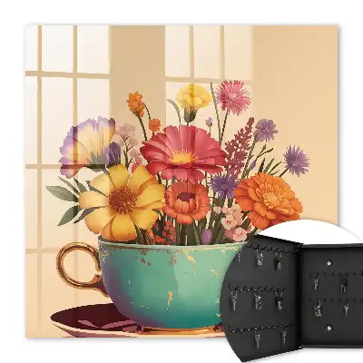 Key box for home Flowers in a cup on a beige background