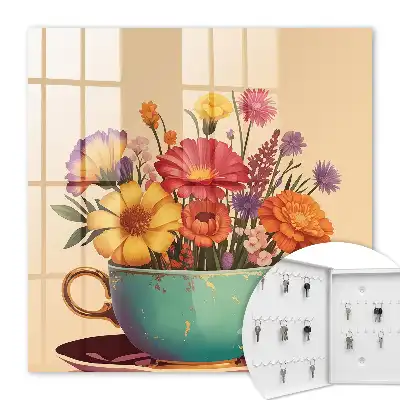 Key box for home Flowers in a cup on a beige background