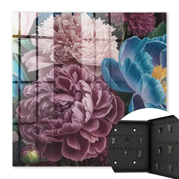 Wall mounted key box Colorful flowers on a black background