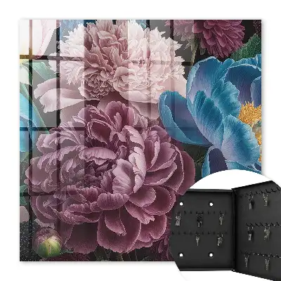 Wall mounted key box Colorful flowers on a black background