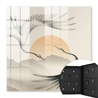 Decorative key box Japanese cranes against the backdrop of the rising sun