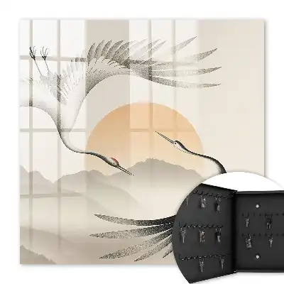 Decorative key box Japanese cranes against the backdrop of the rising sun