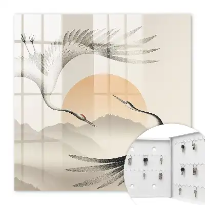 Decorative key box Japanese cranes against the backdrop of the rising sun